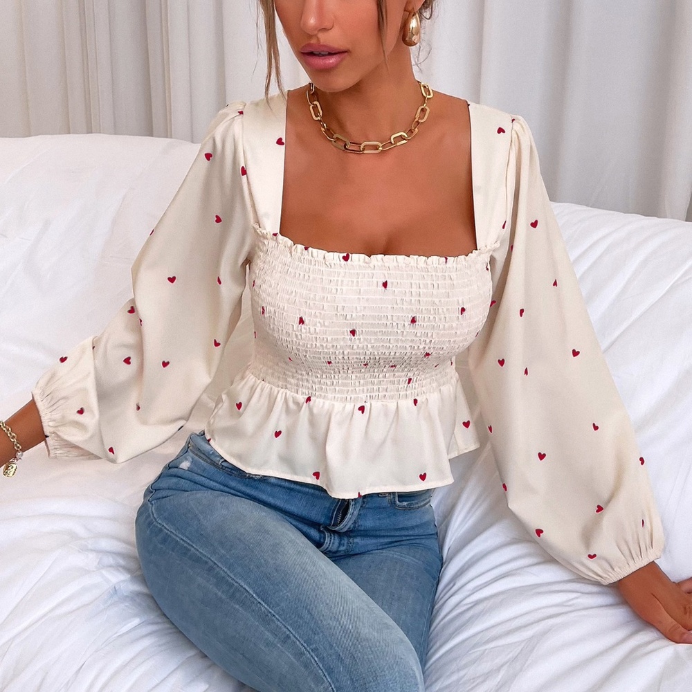 038 Boho Heart print Square Neck Peplum Top Cream - Picture 5 of 5